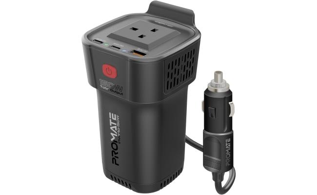Promate 4-In-1 Multi-Port DC to AC Car Power Inverter with 150W AC Socket, Dual PD30W USB-C Ports, QC18W USB-A Ports, LED Power Indicators, Dedicated AC ON/OFF Button, Charge Protection - Black